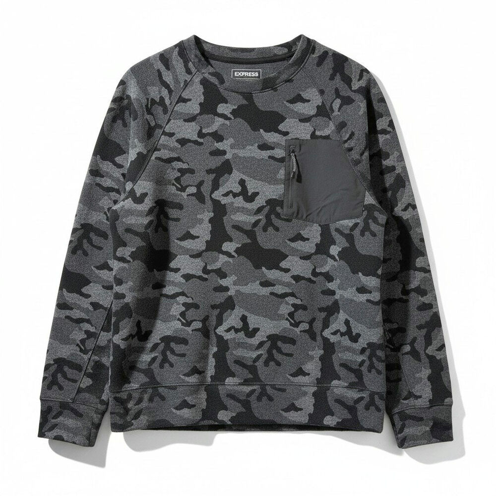 EXPRESS Mens Camouflage Crew Neck Pocket Pullover Sweatshirt Gray Large Casual